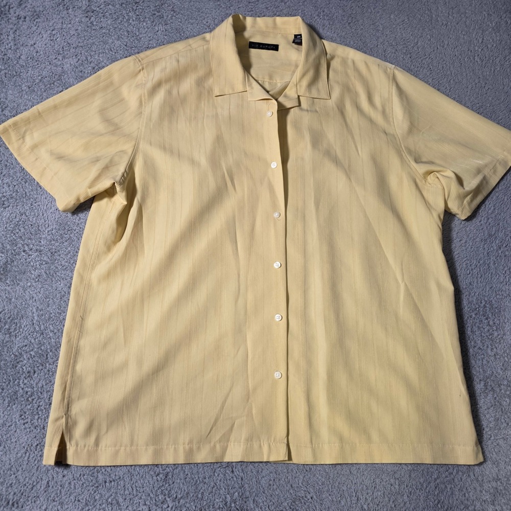 Via Europa Mens XXL Button Down Shirt Yellow Tonal Stripe Short Sleeve Camp